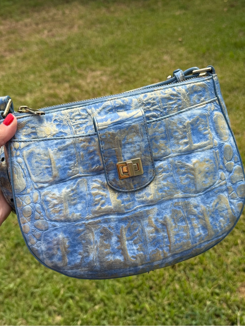 Brahmin Johanna Blue Gold Embossed Leather Crossbody Bag